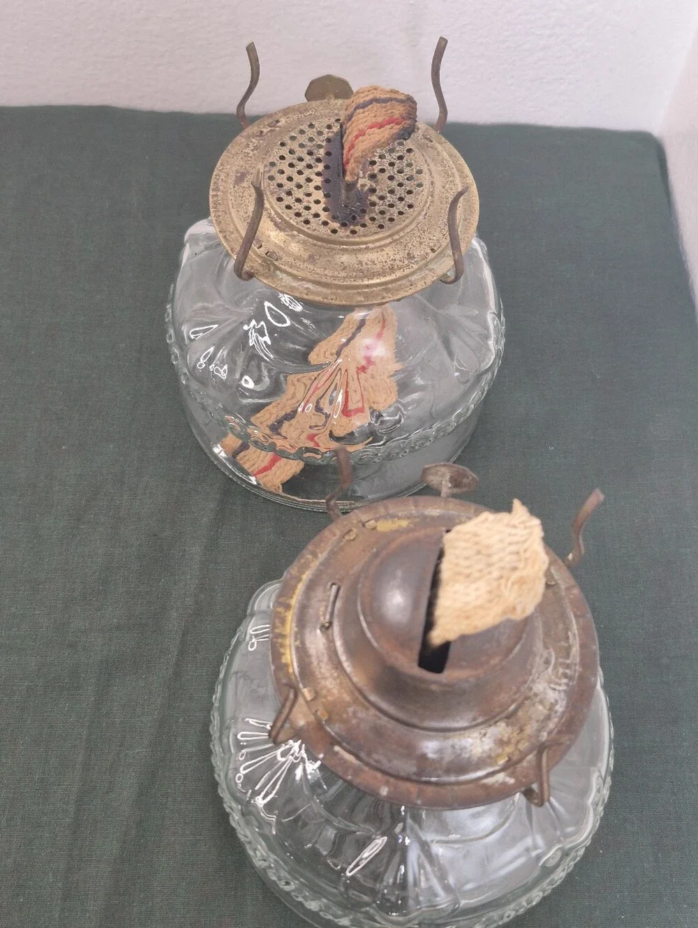 Pair of Vintage Glass Eagle Oil Lamps with Wicks